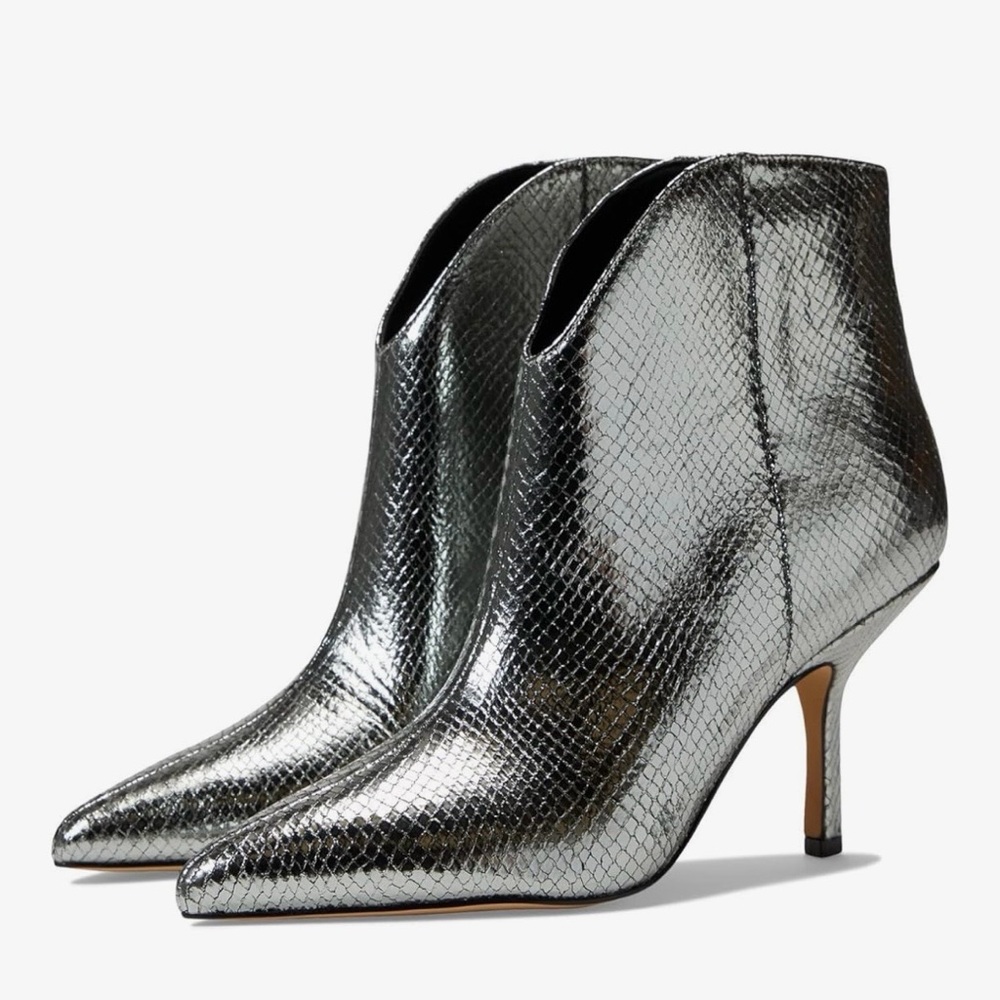 Marc Fisher Haylian Metallic Pewter Snakeskin Pointed-Toe Ankle Booties